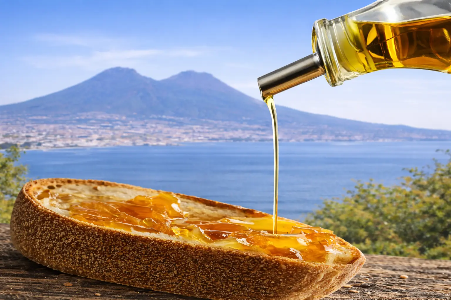 Pane con olio extravergine di oliva su tavola mediterranea